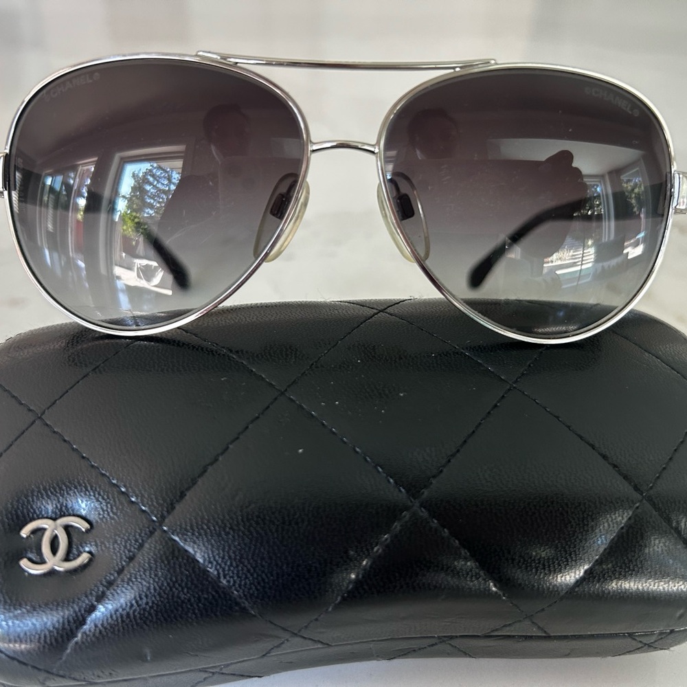 CHANEL Black and Silver Aviator Sunglasses